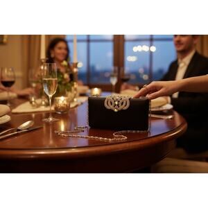 Camillë‎ Black Evening Clutch Purse w/ Crystal Accent & Chain Strap